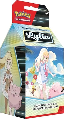 Pokémon GCC: collezione torneo premium Lylia - una carta promozionale olografica a figura intera di Clefairy-ex di Lylia, sei buste di espansione assortite e accessori