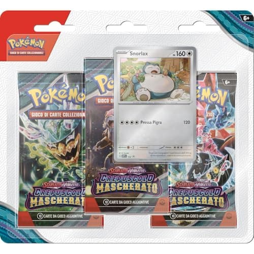 Confezione da tre buste di espansione con Snorlax dell’espansione Scarlatto e Violetto - Crepuscolo Mascherato del GCC Pokémon (tre buste e una carta promozionale olografica), edizione in italiano