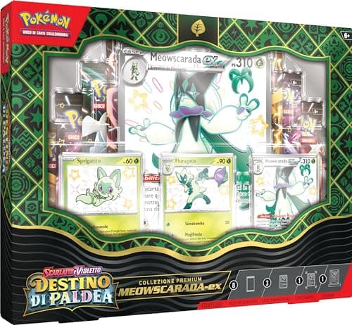 Pokémon Collezione premium Meowscarada-ex dell’espansione Scarlatto e Violetto Destino di Paldea (3 carte promozionali olografiche, 1 carta gigante e 8 buste di espansione), edizione in italiano