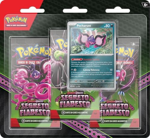 Pokémon Confezione da tre buste di espansione con Pecharunt dell’espansione Scarlatto e Violetto - Segreto Fiabesco del GCC (tre buste e una carta promozionale olografica), edizione in italiano